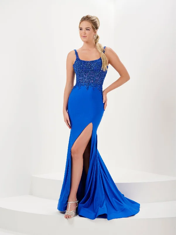 Evening dress for luxury celebration-Beaded Jersey Sheer Corset Slit Gown by Tiffany Designs 16058