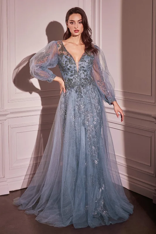 Evening dress for chic reception-Beaded Long Sleeve A-line Gown by Ladivine CD0102