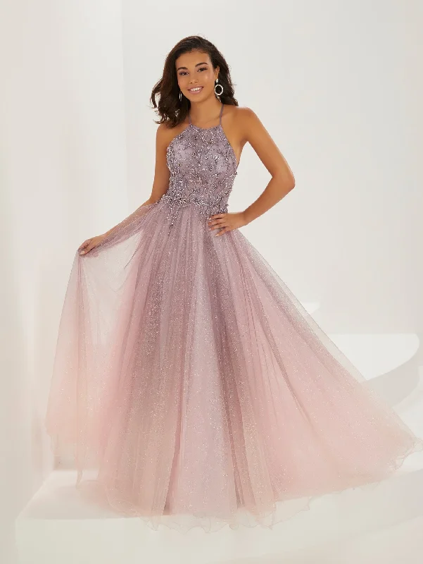 Evening dress with luxurious embellishment-Beaded Ombre Tulle Halter Gown by Tiffany Designs 16947