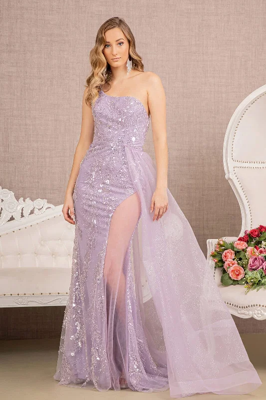 Evening dress with flared sleeves-Beaded One Shoulder Sheer Slit Gown by GLS Gloria GL3116