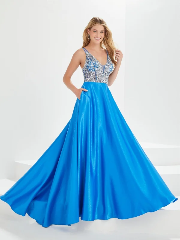 Evening dress with luxurious accents-Beaded Satin A-line Pocket Gown by Tiffany Designs 16024