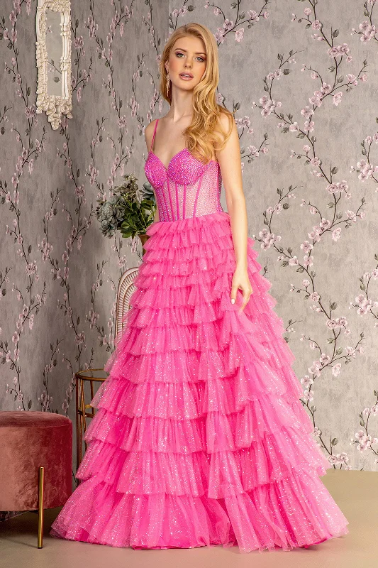 Evening dress for royal event-Beaded Sheer Corset Tiered Ruffled Gown by GLS Gloria GL3463