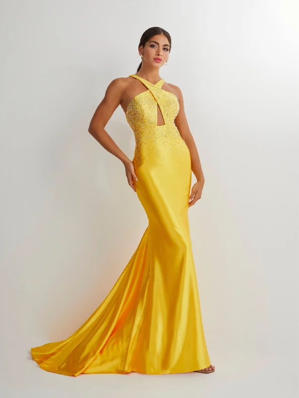 Evening dress for luxury reception-Beaded Spandex Halter Keyhole Gown by Studio 17 12894