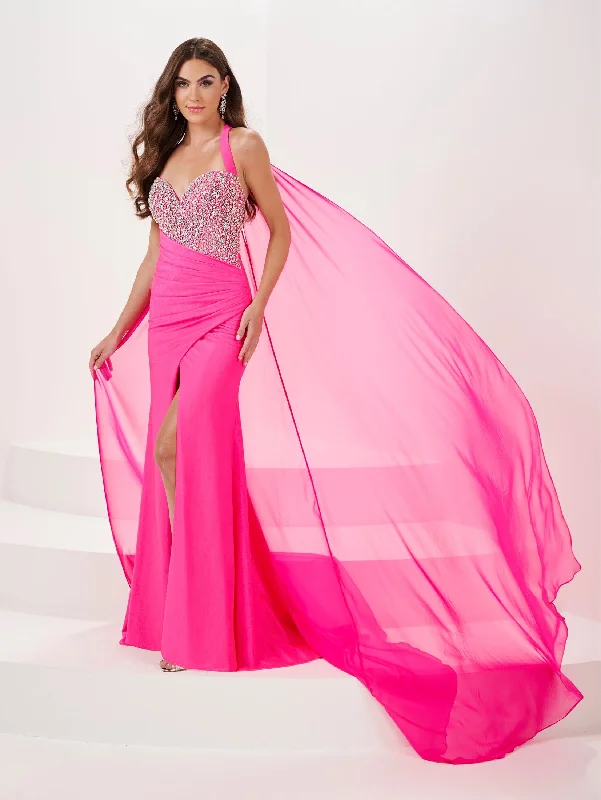 Evening dress with opulent accents-Beaded Spandex Halter Cape Slit Gown by Panoply 14175