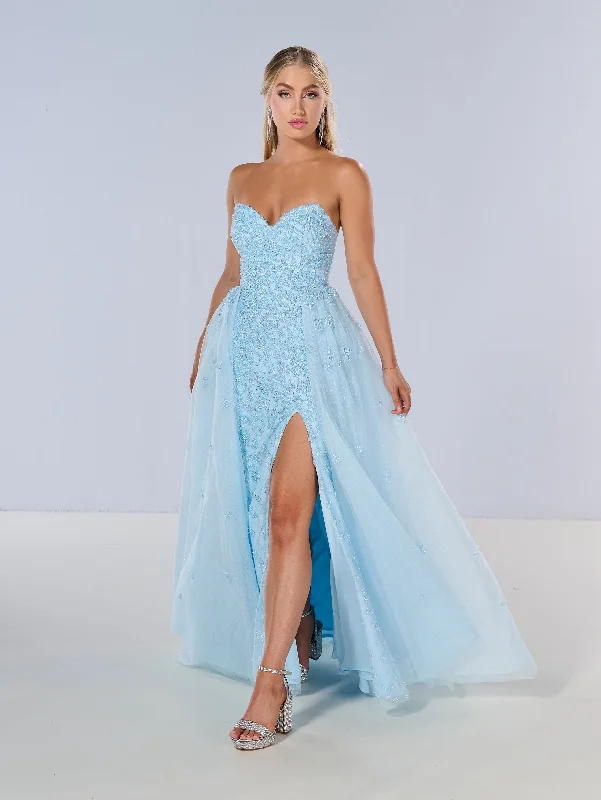 Evening dress with intricate beadwork-Beaded Strapless Overskirt Gown by Tiffany Designs 16209