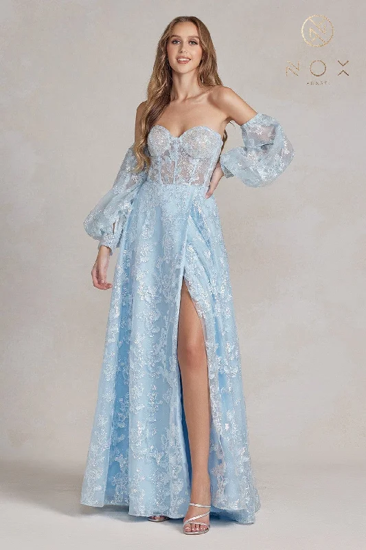 Evening dress for formal event-Butterfly Applique Puff Sleeve Gown by Nox Anabel K1155