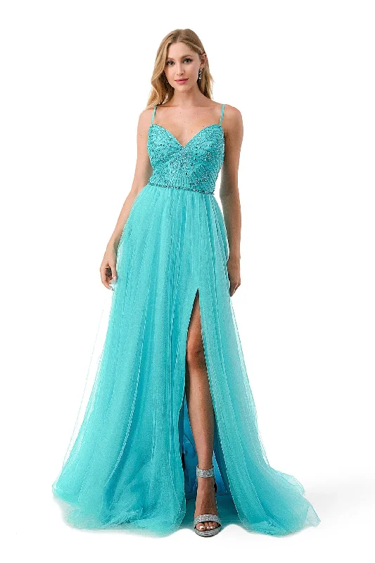 Evening dress with bold ruffles-Butterfly Beaded A-line Slit Gown by Coya L2760F