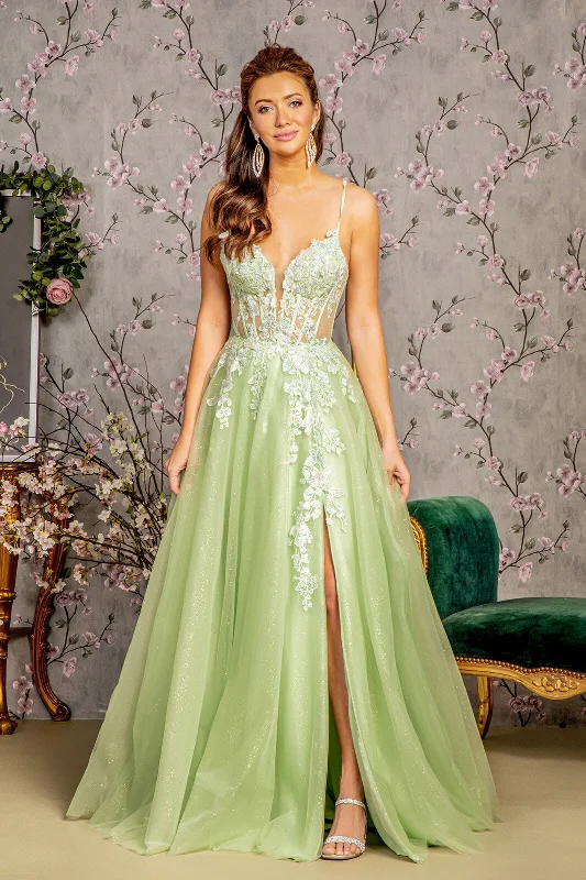 Evening dress for fabulous gathering-Butterfly Applique Sleeveless Slit Gown by GLS Gloria GL3212