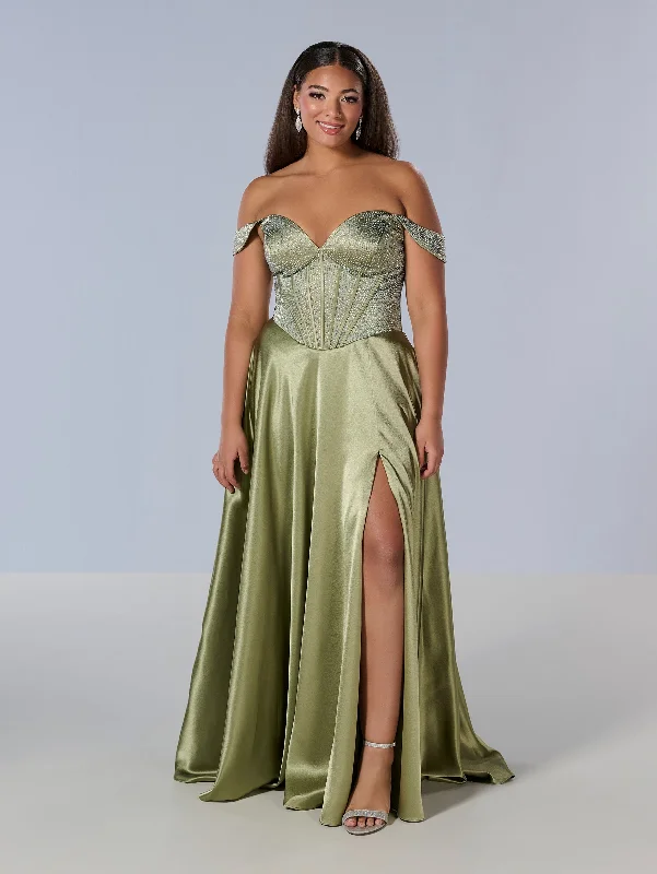 Evening dress for exclusive event-Curvy Beaded Off Shoulder Gown by Tiffany Designs 16204