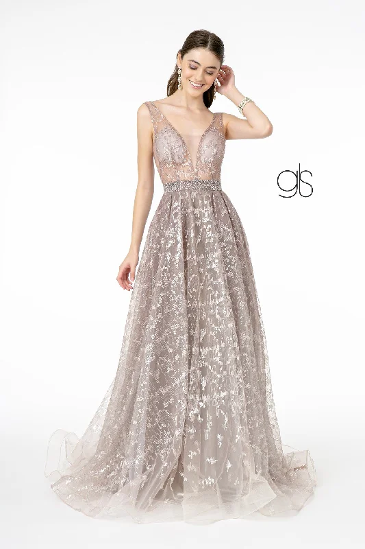 Evening dress for sophisticated wedding-Embroidered Long A-line Illusion Dress by Elizabeth K GL2971