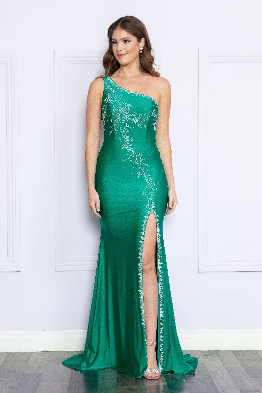 Evening dress for exclusive gathering-Fitted Embroidered One Shoulder Gown by Poly USA 9136