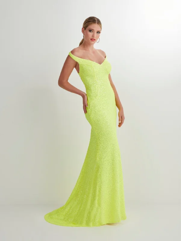 Evening dress for timeless beauty-Fitted Long Off Shoulder Sequin Dress by Studio 17 12891