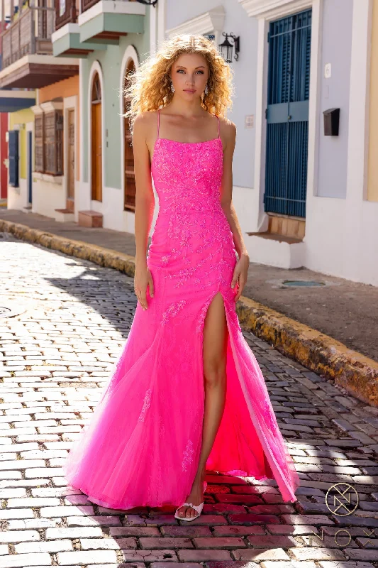 Evening dress for chic function-Fitted Sleeveless Lace Tulle Slit Gown by Nox Anabel P1401