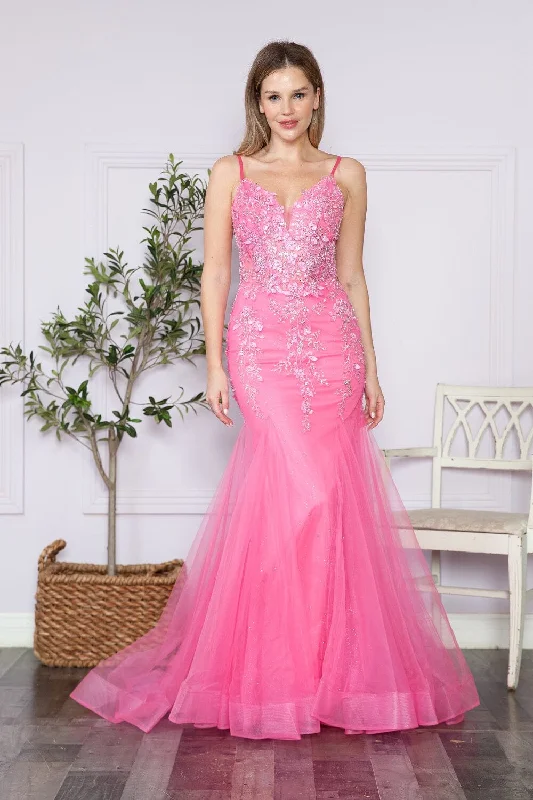 Evening dress for timeless beauty-Floral Applique Sleeveless Mermaid Dress by Poly USA 9374