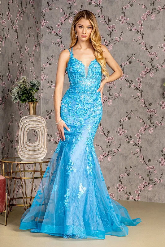 Evening dress with layered tulle-Floral Applique Sleeveless Mermaid Dress by GLS Gloria GL3333