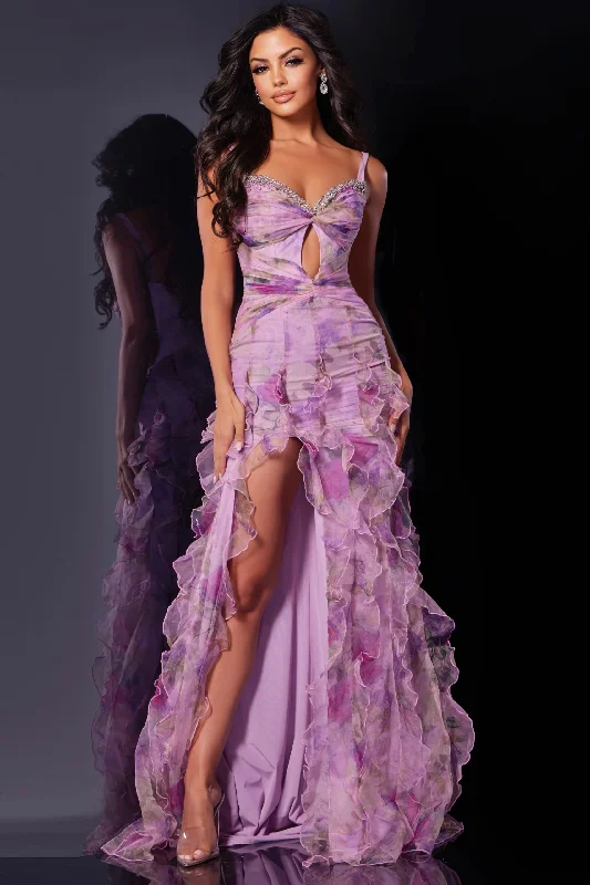 Evening dress for glamorous night-Floral Print Fitted Sleeveless Slit Gown by Jovani D5113