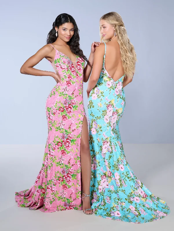 Evening dress with embellished bodice-Floral Print Sleeveless Slit Gown by Tiffany Designs 16155