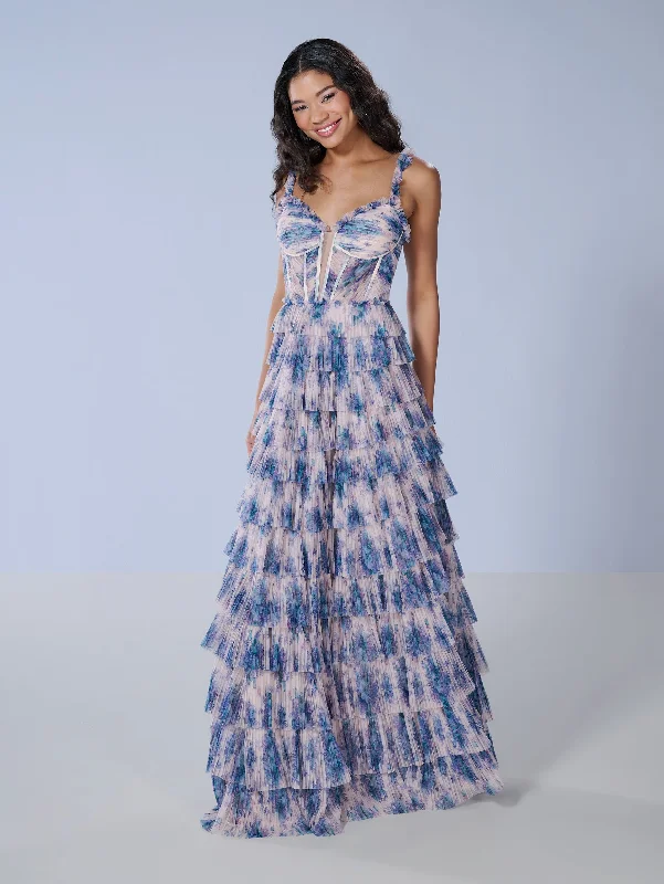 Floral Print Sleeveless Tiered Gown by Tiffany Designs 16160