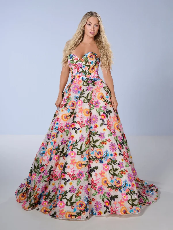 Evening dress for evening wedding-Floral Print Strapless Gown by Tiffany Designs 16176