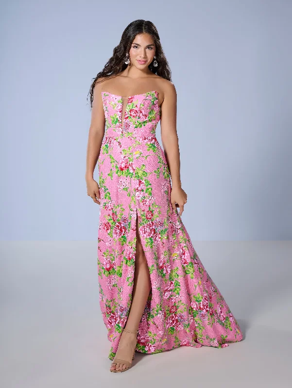 Floral Print Strapless Slit Gown by Tiffany Designs 16143