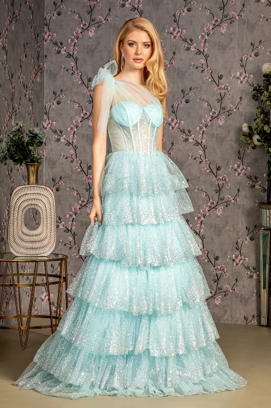 Evening dress for elegant reception-Glitter One Shoulder Tiered Ruffled Gown by GLS Gloria GL3454