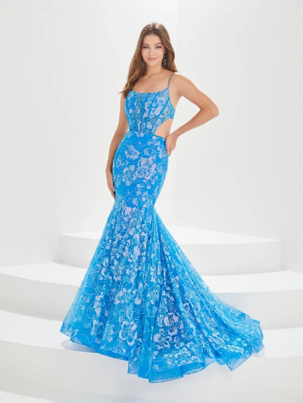 Evening dress for high-society wedding-Glitter Print Corset Mermaid Dress by Tiffany Designs 16011