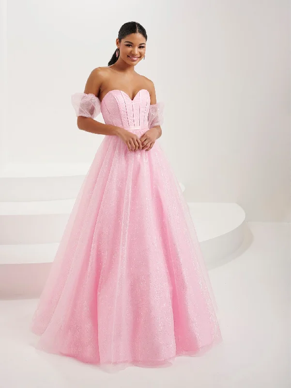 Evening dress for chic reception-Glitter Strapless Puff Sleeve Gown by Tiffany Designs 16083