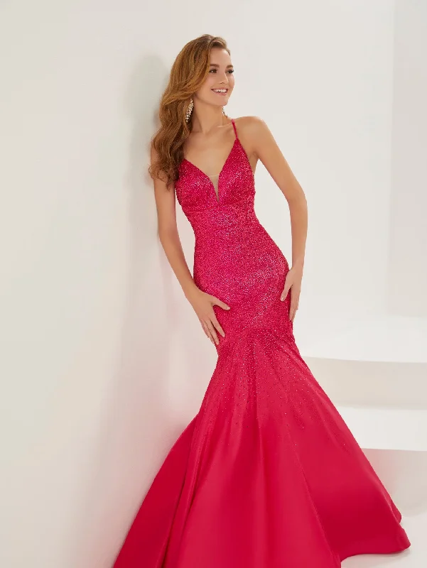 Evening dress with dramatic design-Heat Stone V-Neck Mermaid Dress by Tiffany Designs 16940