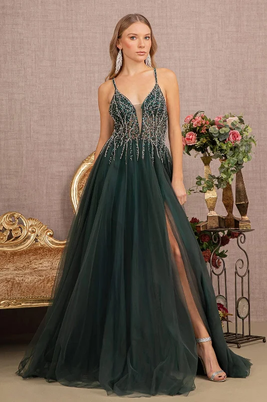 Evening dress for chic affair-Jeweled Sleeveless A-line Slit Gown by GLS Gloria GL3137