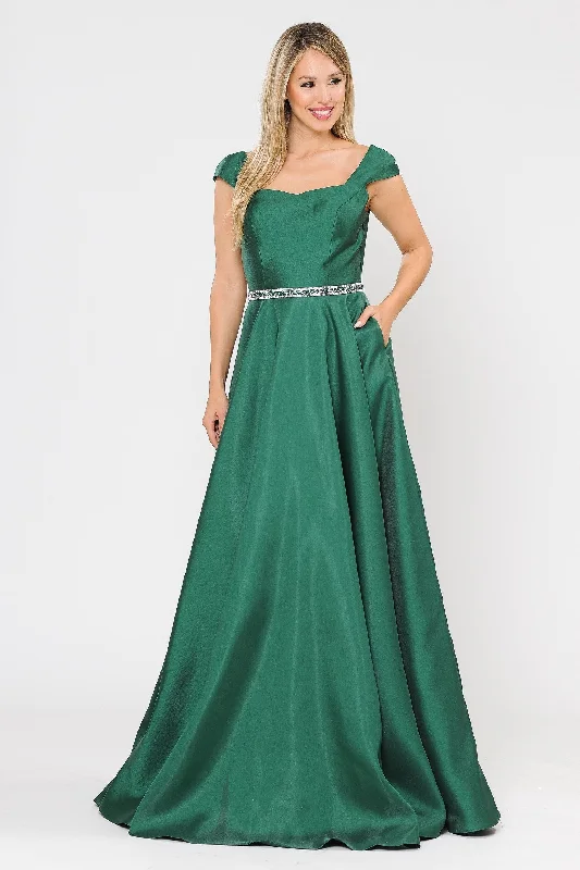 Evening dress with lace bodice-Long Mikado Cap Sleeve Dress with Corset Back by Poly USA 8702