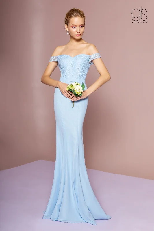 Evening dress for high-society gala-Long Off the Shoulder Dress with Lace Bodice by Elizabeth K GL2697