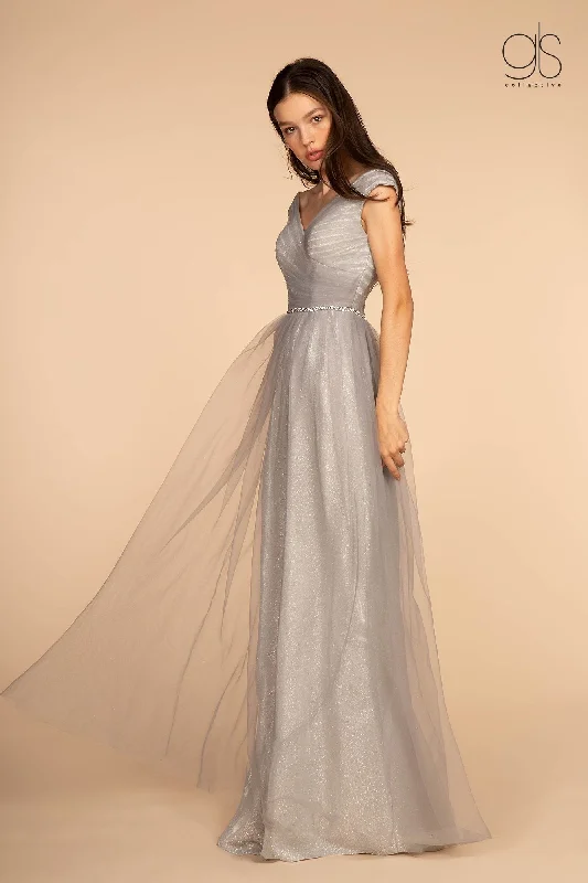 Evening dress with bold lacework-Long Ruched V-Neck Dress with Jeweled Waistband by Elizabeth K GL2560