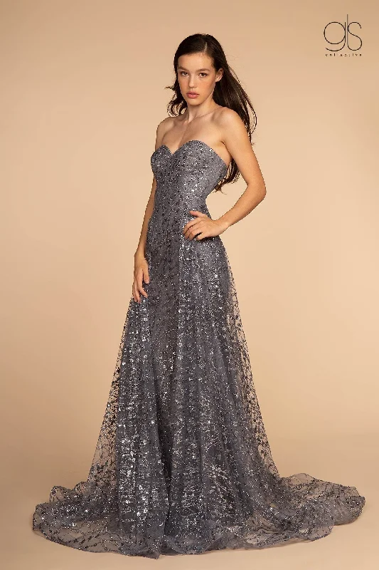 Evening dress for glamorous soirée-Long Strapless Glitter Print Dress by Elizabeth K GL2587