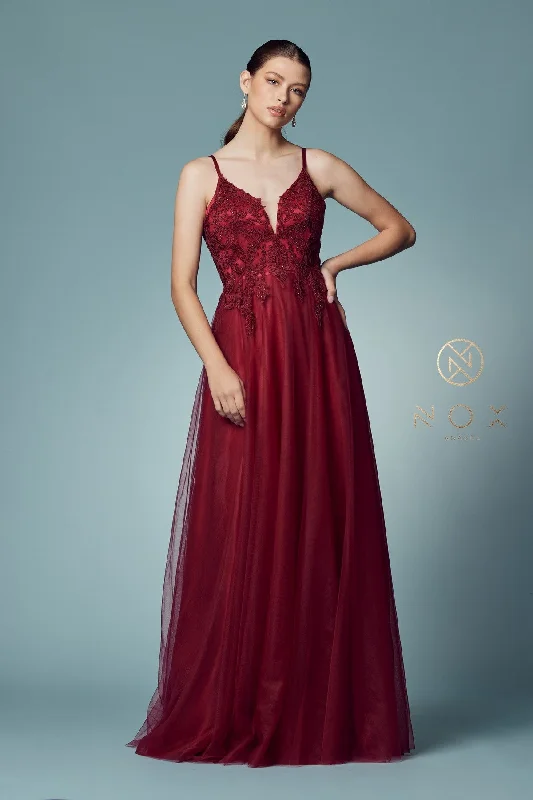 Evening dress for chic gala-Long Tulle Embroidered Bodice Dress by Nox Anabel R357