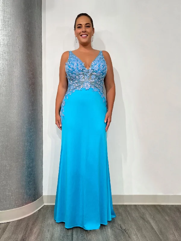 Evening dress for posh gala-Plus Size Fitted Floral Applique Gown by Tiffany Designs 16137