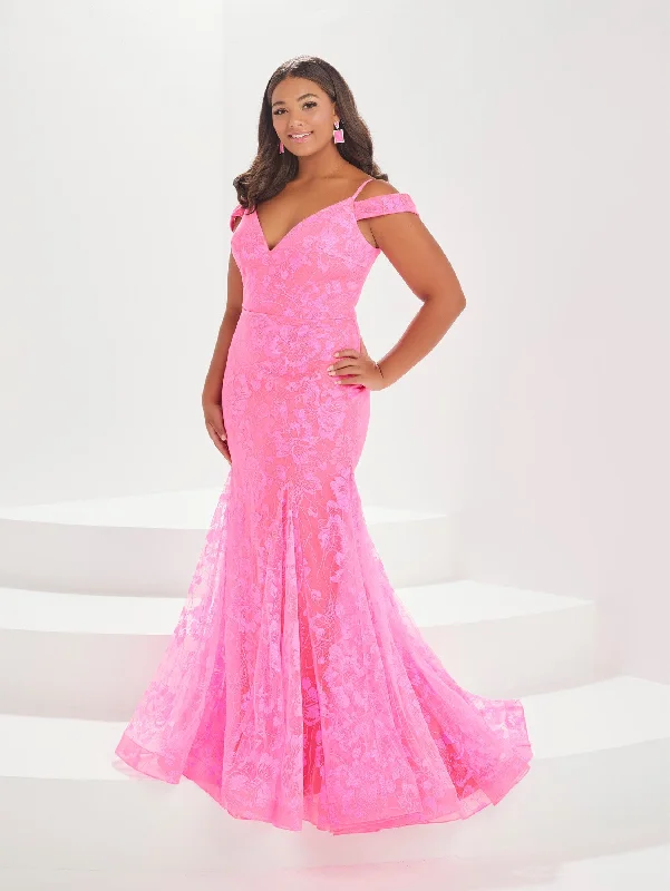 Evening dress for chic party-Plus Size Glitter Cold Shoulder Gown by Tiffany Designs 16039