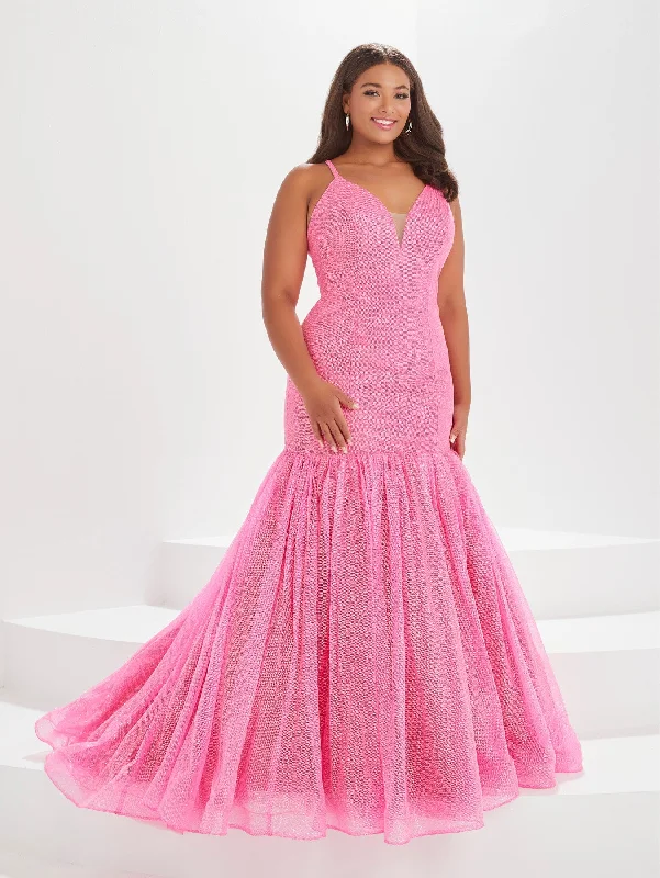 Evening dress for fabulous reception-Plus Size Glitter V-Neck Mermaid Gown by Tiffany Designs 16047