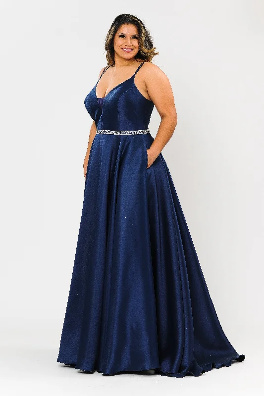 Evening dress for magnificent affair-Plus Size Long Deep V-Neck Mikado Dress by Poly USA W1106