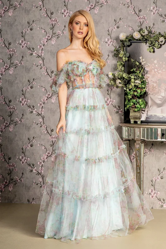 Evening dress for chic reception-Print Off Shoulder Ruffled A-line Gown by GLS Gloria GL3394