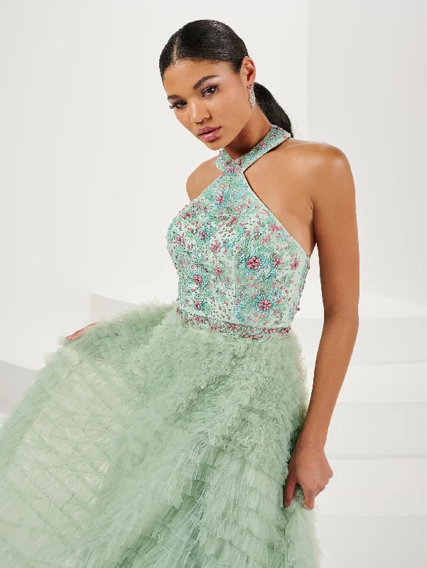 Evening dress with glamorous finish-Ruffled Floral Beaded Halter A-line Gown by Panoply 14190