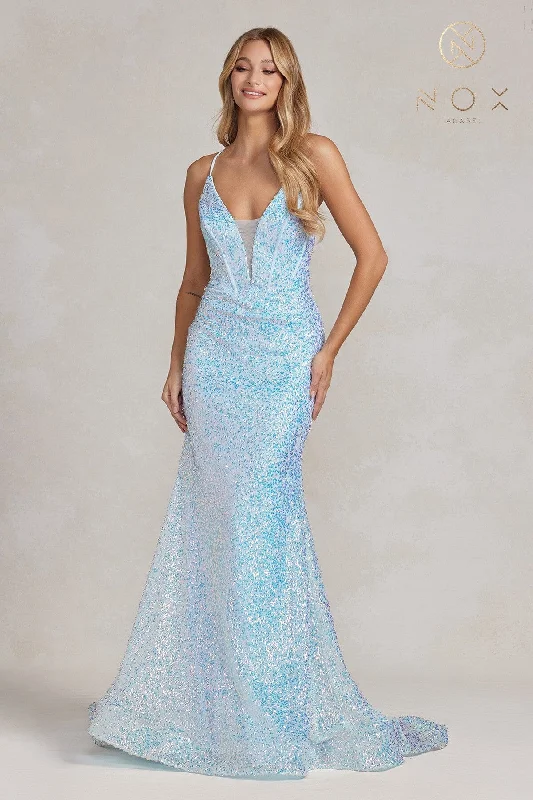 Evening dress for elegant evening-Sequin Deep V-Neck Mermaid Gown by Nox Anabel C1094