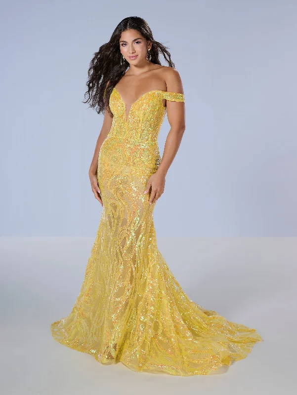 Evening dress for exclusive wedding-Sequin Off Shoulder Mermaid Dress by Tiffany Designs 16224