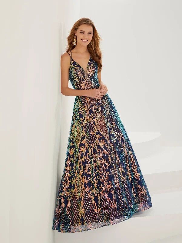 Evening dress with tiered skirt-Sequin Print Illusion V-Neck Gown by Tiffany Designs 16951