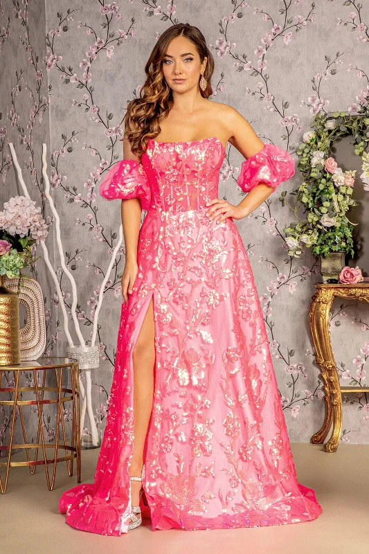 Evening dress for romantic gala-Sequin Print Strapless A-line Slit Gown by GLS Gloria GL3311