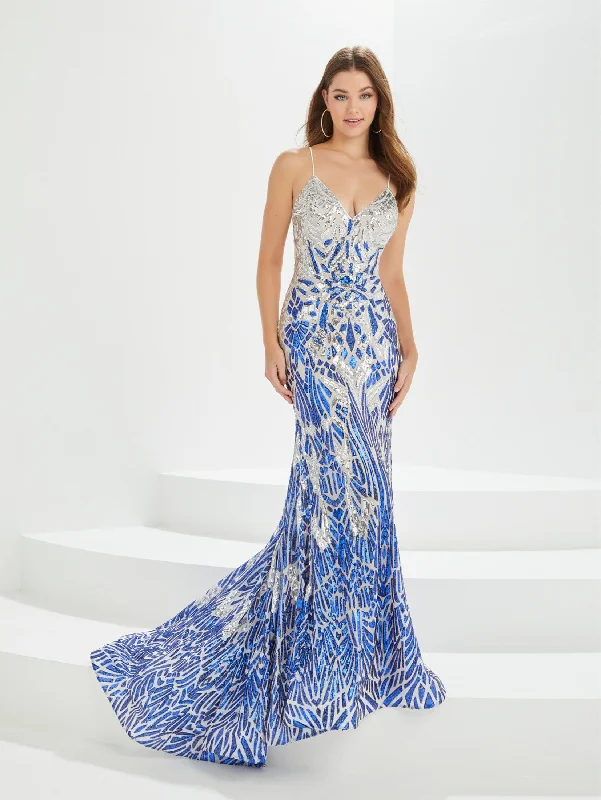 Evening dress for fabulous reception-Sequin Print V-Neck Mermaid Dress by Tiffany Designs 16023