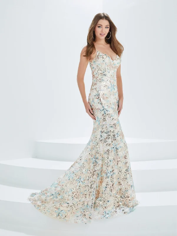 Evening dress for formal celebration-Sequin Print V-Neck Mermaid Dress by Tiffany Designs 16028