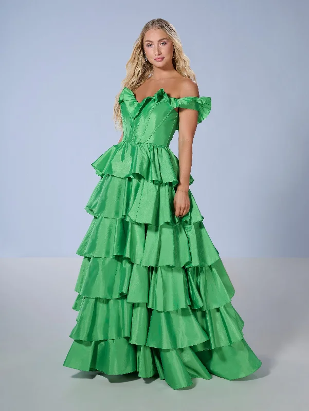 Evening dress for formal gala-Taffeta Off Shoulder Tiered Gown by Tiffany Designs 16175