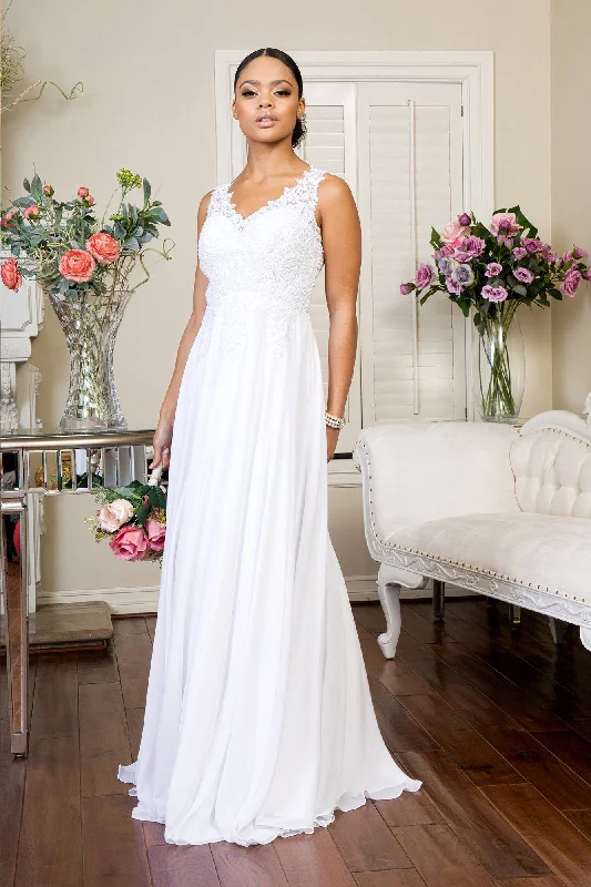 Evening dress with long chiffon sleeves-White Long Applique V-Neck Dress by Elizabeth K GL2311