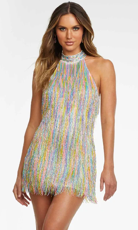 Ashley Lauren - 4486 Halter Rainbow Fringe Short Dress