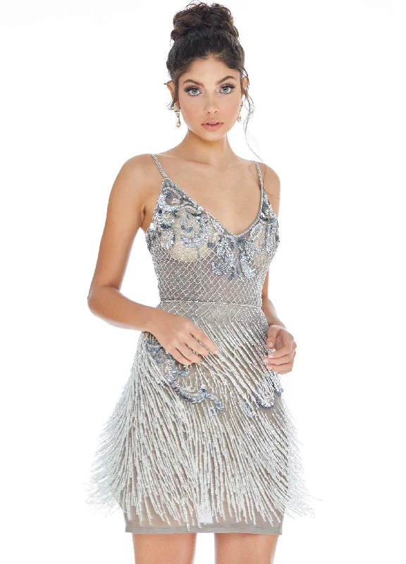 Party dress for a glamorous high-end VIP fashion gathering-Ashley Lauren - Bead-Fringed Sheath Dress 4261 - 1 pc Silver/Pewter In Size 8 Available